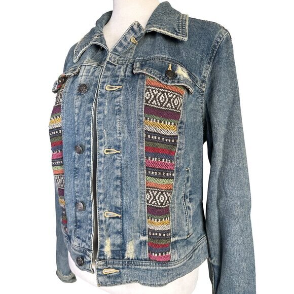 Free People Womens Jean Jacket Size 8 Blue Trucker Distressed Baja Aztec Denim - Picture 3 of 10